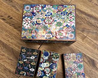 set of 3 cloisonné matchbox holders and 1 larger box