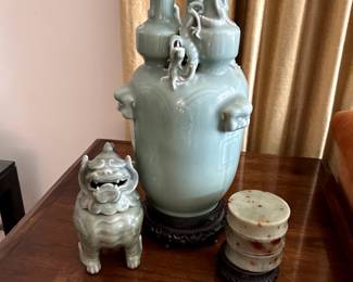 Celadon large vase and jade stacked boxes - note: the celadon figural unicorn is not available