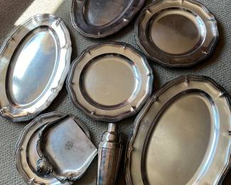 1940s Banque de l’Indochine Shanghai silver plated platters by Christofle. Monogrammed.