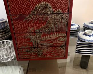 Vintage inlaid red lacquer chest