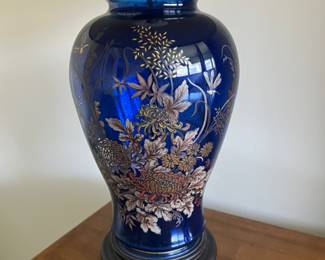 blue glass lamp with gold floral paint