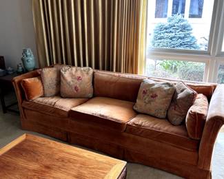 Vintage MCM Marshall Field & Co orange velvet sofa