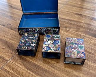 set of 3 cloisonné matchbox holders and 1 larger box