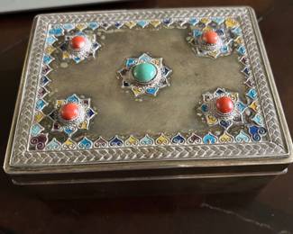 vintage silver & wood box with coral & turquoise