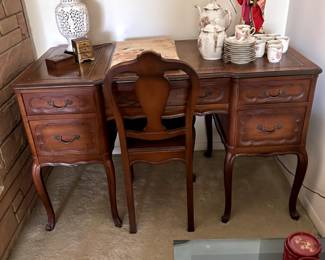 antique 5 drawer desk with 3 leather insets