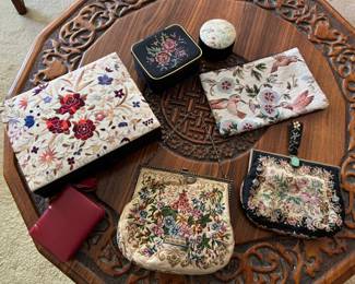 vintage embroidered / needlepoint purses, boxes, etc
