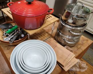 LeCreuset Dutch oven, pots and pans, mixing bowls