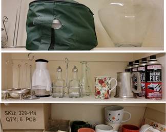 Shot glasses, coffee mugs, oil/vinegar, huge glass urn and crock pot