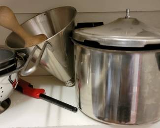 Pressure cooker, cake pans, ricer and colanders