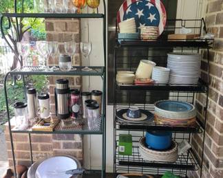 Patio storage - plastic plates, bowls, serving and stemware, go cups. Seedling table shelf with grow lights