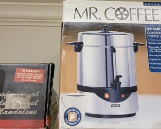 Kitchen tools: cookie cutters, Mandolin (2) and coffee urn