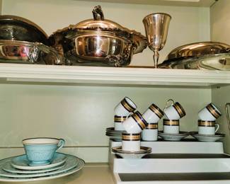 Silver plate serving pieces, demitasse coffee set