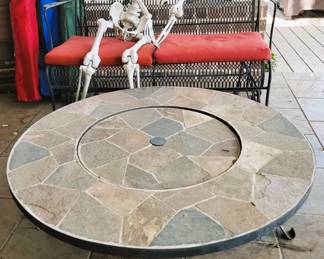 Fire pit table/ folding camp chairs. Iron patio set with Glider loveseat, side table and 2 chairs