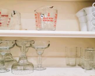 Kitchen tools, mugs, and glasses (margarita and juice)