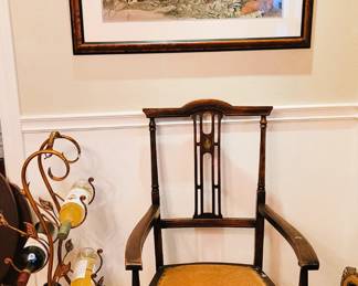 Antique Chair, wine display and Quail Art