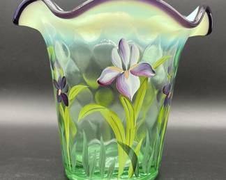 Vintage Fenton Glass Showcase Series Vase Hand Painted IRIS, Signed