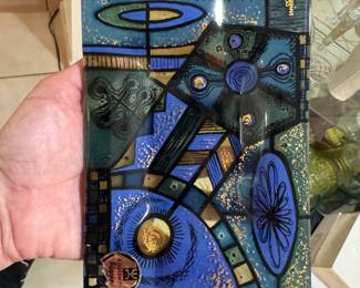 Higgins Midnight Fused Art Glass Ashtray Blue Green Black Gold MCM
