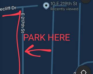 Parking will be limited on East 219th. Additional parking available on East 217th and Edgecliff drive.
There is a path to the house off Edgecliff.