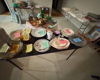 vintage glass, green and amber, copper, serving plates