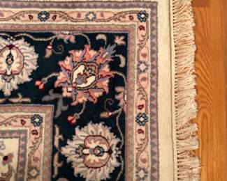 Wool rug from India, hand knotted, cream with dark green border, 8 x 10 with matching runner 29" x 10'