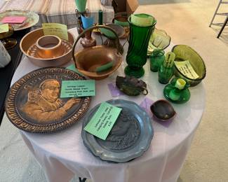Vintage copper, and vintage green glassware