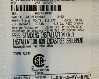 Sears Kenmore Freezer Model # 253280528012