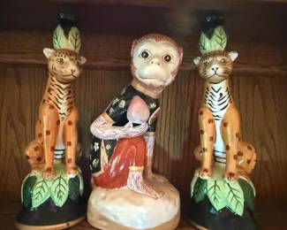 Cheetah Candlesticks and Monkey Figurine