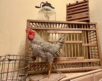 Taxidermy Rooster, Wooden Chicken Crate and Other Farm Accessories