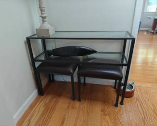 #108 Pottery Barn Glass & Metal Console w/ 2 Leather Stools 42 x 14 x 30 Original MSRP $1200