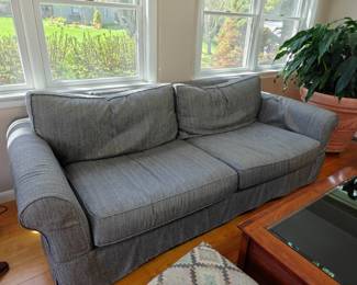 #109 Pottery Barn Comfort Grand Sofa w Charcoal Sunbrella Slip and additional Red Slip 94 x 42 x 32 Original MSRP $3,499