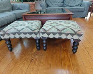 #112 Pottery Barn Pair Woven & Wood Foot Stools 20 x 20 x 15