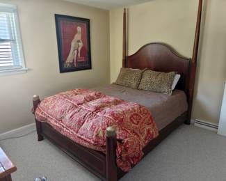 #129 Thomasville Queen 4 Poster Burl wood Bed Frame 2 Foot Posts Included but not pictured (Part of 6 Piece Set Sold Individually) #132 Shifman Queen Mattress (excellent barely used condition)