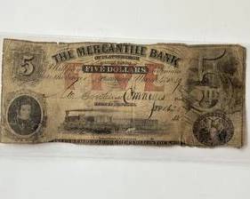 March 4th, 1859 $5 Obsolete Bank Note Issued by The Mercantile Bank of Plattsburgh New York
