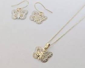 10K White & Yellow Gold Butterfly Design Necklace & Earrings Set - 19 1/2" (1.4 Grams TW)