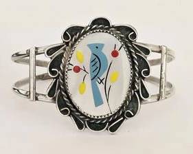 Native American Signed A.T. Sterling Silver with Inlaid Stones Bird Design Cuff Bracelet (20.7 Grams)