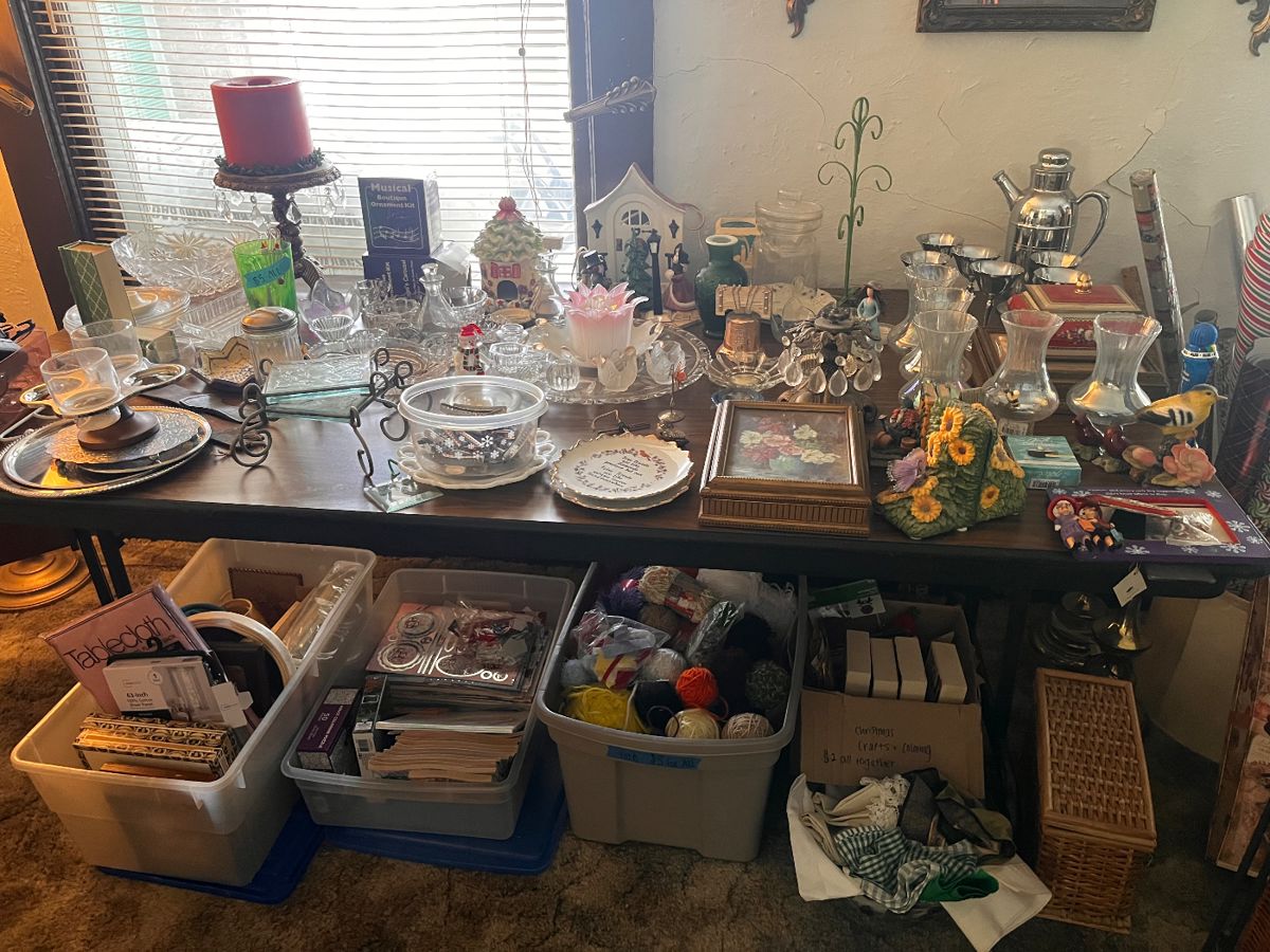 Beautiful glassware, hidden treasures, yarn, etc