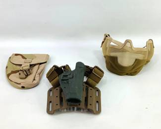 Blackhawk Drop Leg Holster for Beretta, Steel Mesh Airsoft Mask, and Desert Pattern Entrenching Tool Carrier