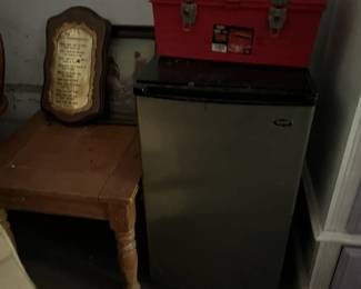 Mini fridge and assorted tools