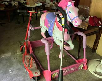 Disney rocking horse, scooter, and weedeater