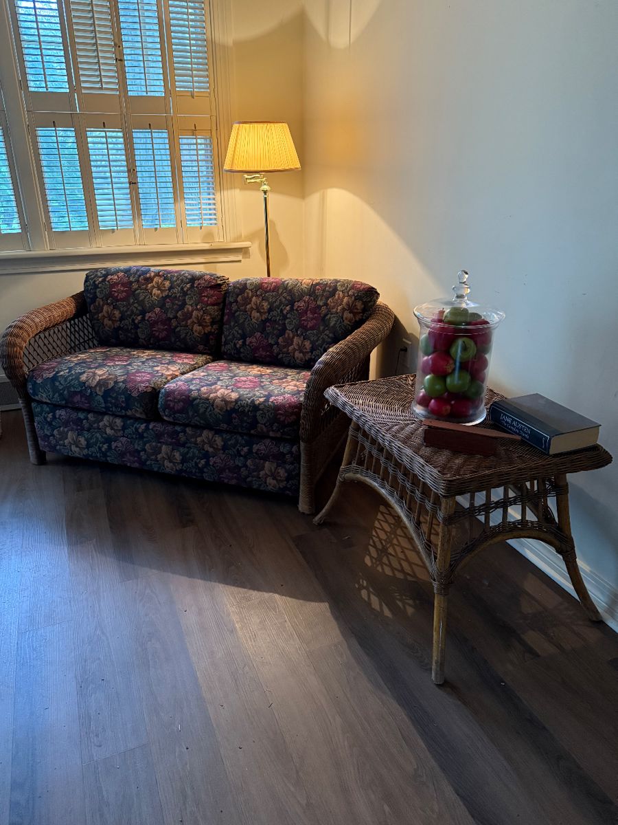 Rattan style sofa and end table