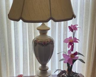 Pretty set of 1940's table lamps. Rose relieves, blocked base, nice scalloped shades.