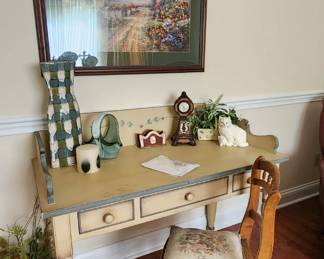 Nice French Country Painted writing desk. Antique cane bottom chair
