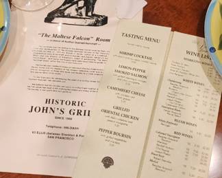 Vintage venue from the Maltese Falcon,
John's Grill , San Francisco, wine & beverage menue