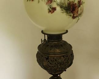 Spectacular Victorian Globe Lamp. Hand painted glass globe shade. Electrified.