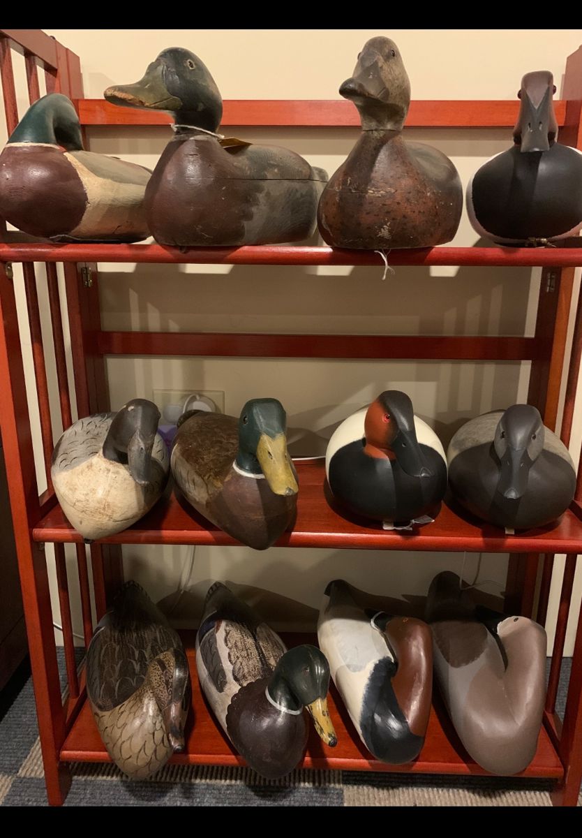 Very nice selection of duck decoys, Mason, Robert Elliston, Bert Graves, Caleb Ridgway Marter, Rick Brown, Captain Harry Jobes, Illinois and Mississippi River.