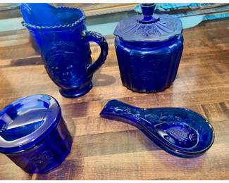 Cobalt Blue Cherry Pitcher and Spoon Rest, Biscuit Jar and Salt Dish