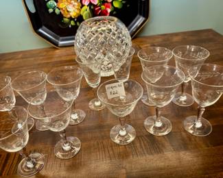 Antique etched Aperitif Stems and Polish Crystal Bowl. Very heavy.