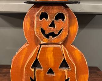 3 foot tall two tier wooden pumpkin Porch Decor. We added string lights inside