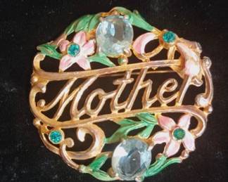 Antique Goldtone and enamel Mother Brooch with stones
