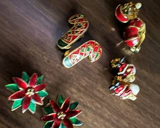 Vintage Christmas clip Earrings enamel - Santa, Candy Canes, Poinsettia and red hoops